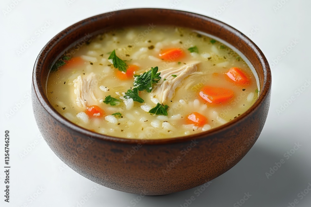 Delicious chicken soup with vegetables and rice in a rustic bowl on a clean background Delicious chicken soup with vegetables and rice in a rustic bowl on a clean background