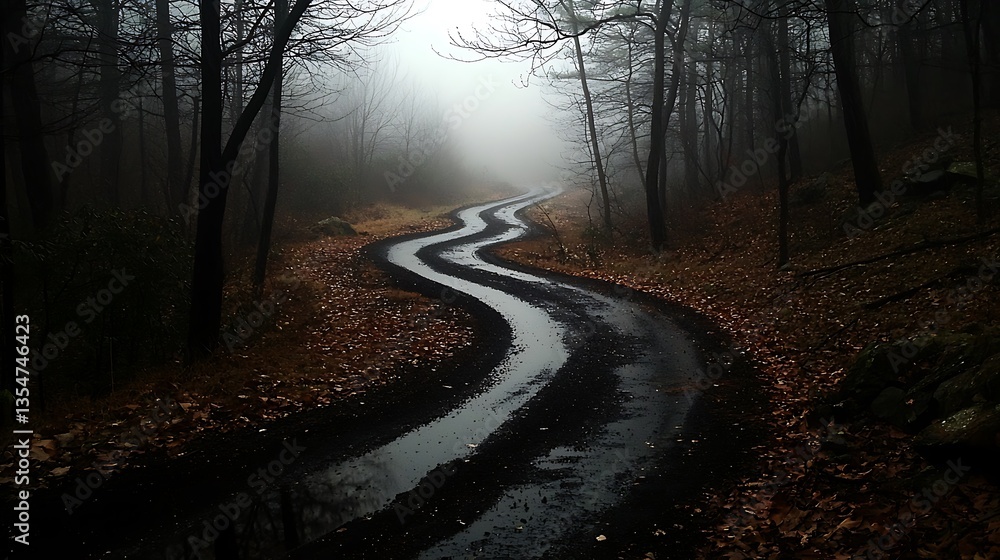 Fototapeta premium Winding road through a misty forest (1)