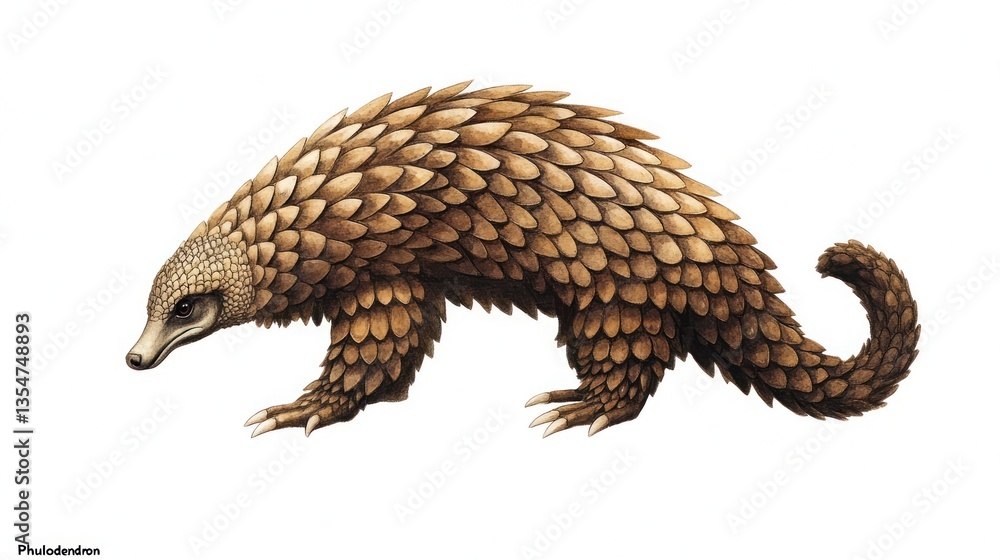 Pangolin profile illustration, isolated on white background, for educational or zoological purposes Pangolin profile illustration, isolated on white background, for educational or zoological purposes