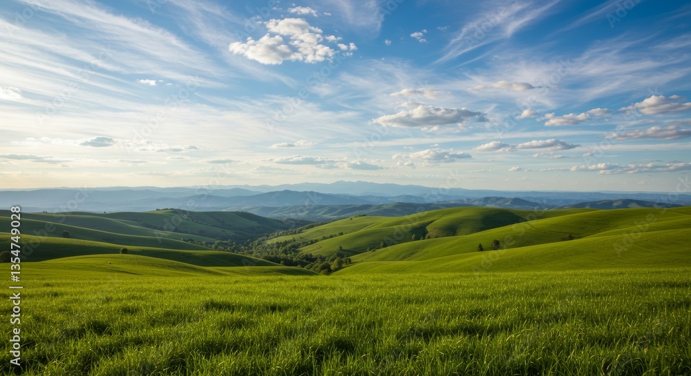 Beautiful landscape shows vast green hills and a cloudy blue sky above Beautiful landscape shows vast green hills and a cloudy blue sky above