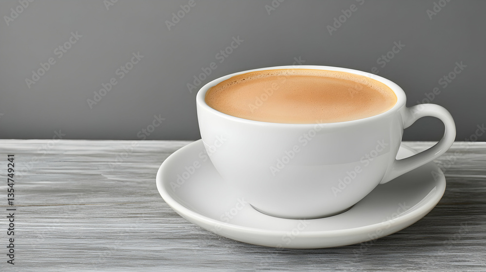 Aromatic coffee in a white cup on a saucer, resting on a rustic wooden table against a gray background. Perfect for cafe, restaurant, or beverage websites. Aromatic coffee in a white cup on a saucer, resting on a rustic wooden table against a gray background. Perfect for cafe, restaurant, or beverage websites.