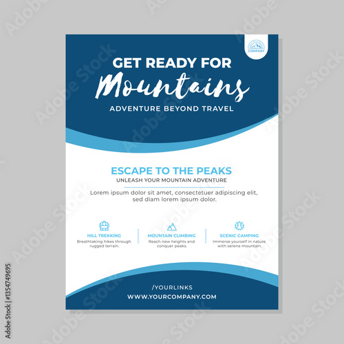 Vector mountain travel agencies ad poster or flyer. Travel poster. Mountain camping flyer.