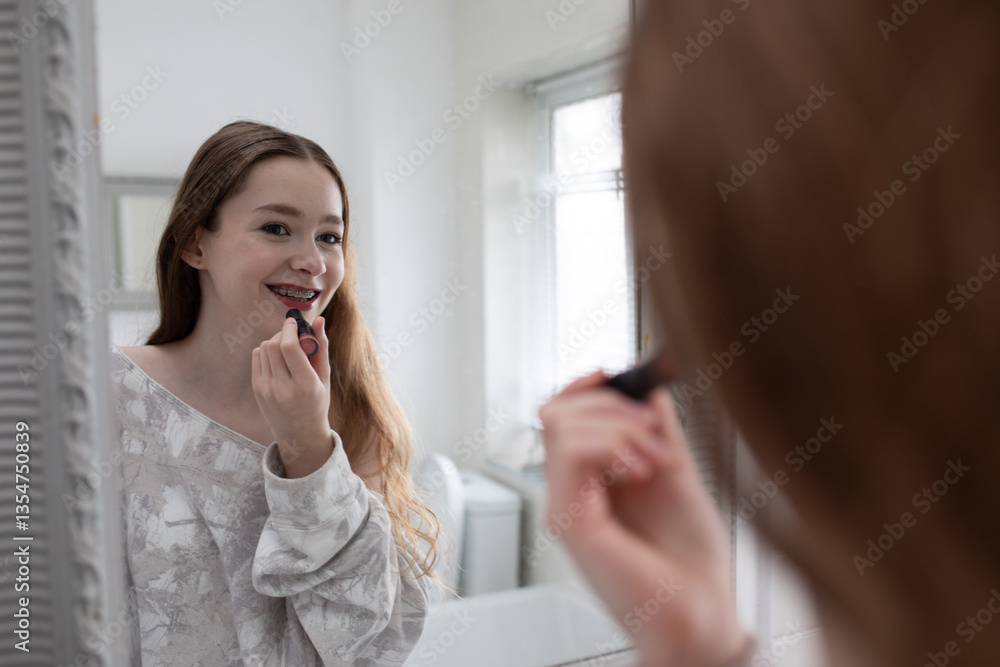Teenage girl putting make up on in the bathroom Teenage girl putting make up on in the bathroom