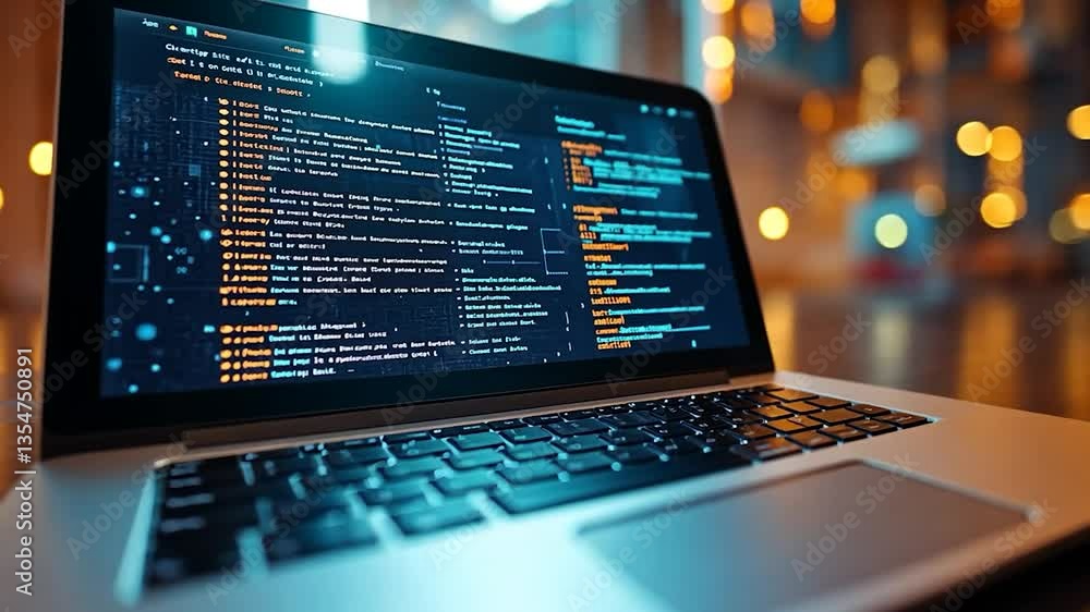 Night Coding Session: Laptop with glowing screen displaying code in a dimly lit environment. Night Coding Session: Laptop with glowing screen displaying code in a dimly lit environment.