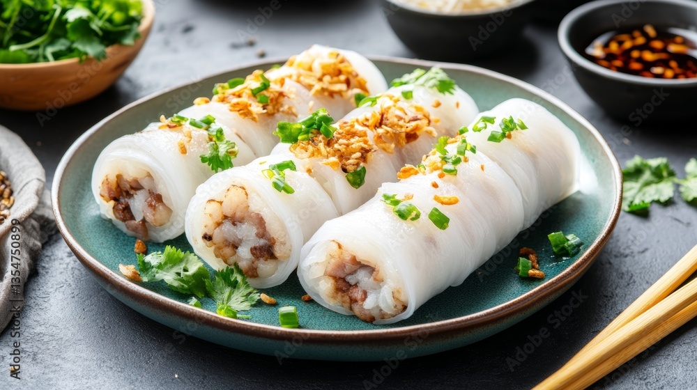 Delicious Vietnamese bnh cun with pork and mushrooms garnished with fried shallots and herbs Delicious Vietnamese bnh cun with pork and mushrooms garnished with fried shallots and herbs