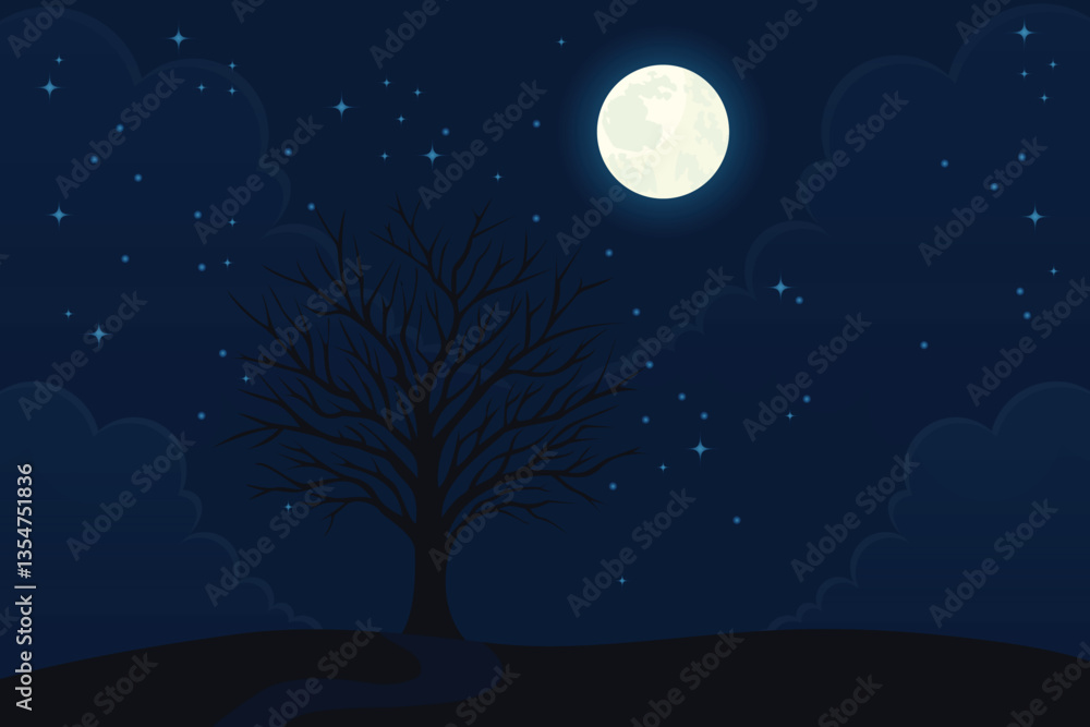 Starry Night Landscape with Moon and Tree Flat Vector Illustration. Starry Night Landscape with Moon and Tree Flat Vector Illustration.