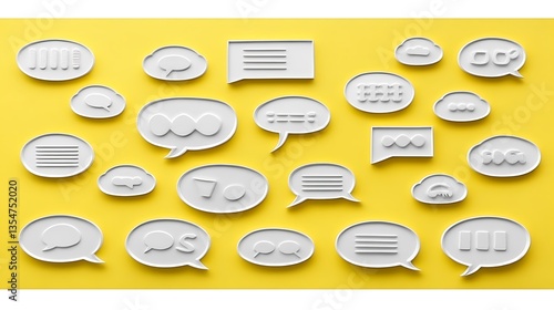 White speech bubbles on yellow background.