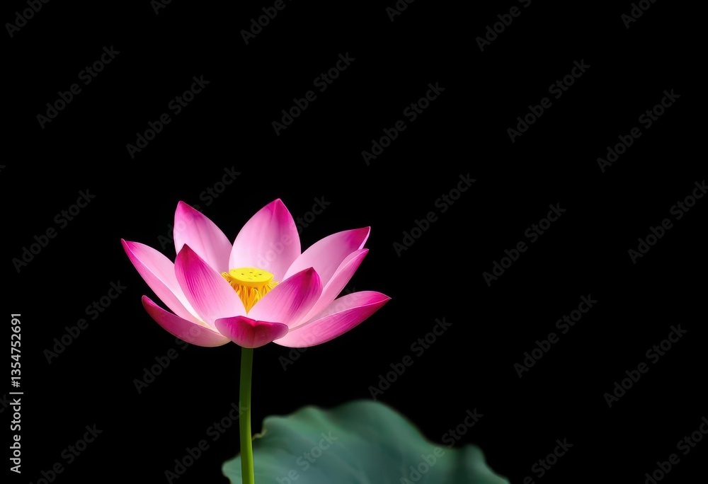 Fototapeta premium A single pink lotus flower blossoms against a stark black background, darkness, background image