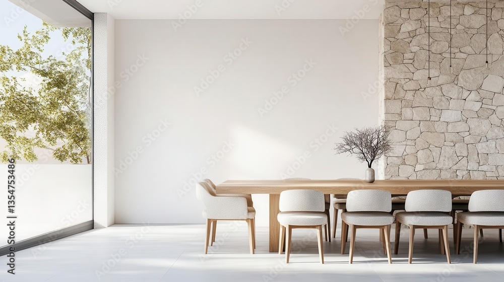 Warm brutalist dining area with a combination of stone, wood, and soft fabrics Warm brutalist dining area with a combination of stone, wood, and soft fabrics