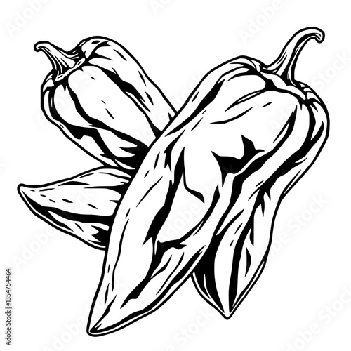 Intertwined Chili Peppers A Spicy Culinary Encounter in Striking Black and White Illustration