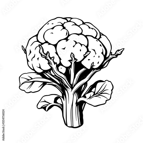 Vibrant Black and White Illustration of a Majestic Flourishing Head of Cauliflower Flora