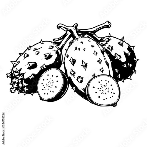 Spiky Tropical Delights A Bold Monochrome Illustration of Exotic Fruits and Their Alluring Aura