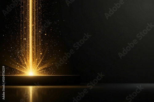 A luxurious event stage with multiple golden spotlights beaming down onto a polished wooden floor and black background