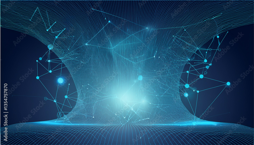 Obraz premium Abstract Digital Network: An abstract composition of interconnected nodes and lines, glowing with futuristic blue light.