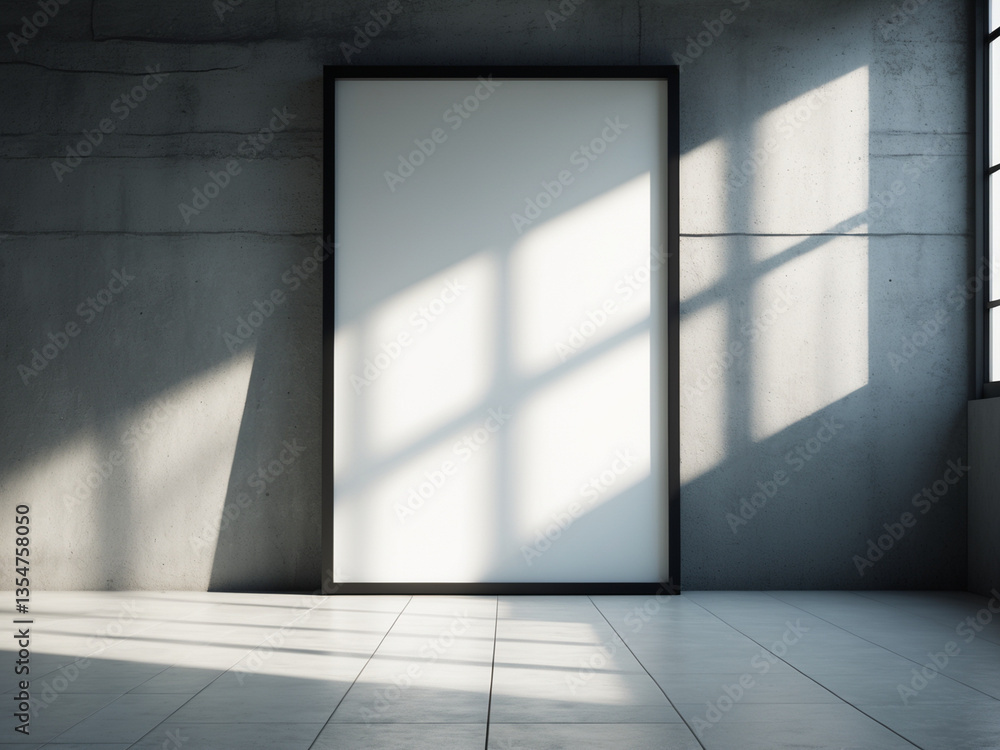 A minimalist interior with a blank white canvas on a concrete wall, illuminated by soft natural light. Ideal for mockups, art presentations, or design concepts. A minimalist interior with a blank white canvas on a concrete wall, illuminated by soft natural light. Ideal for mockups, art presentations, or design concepts.