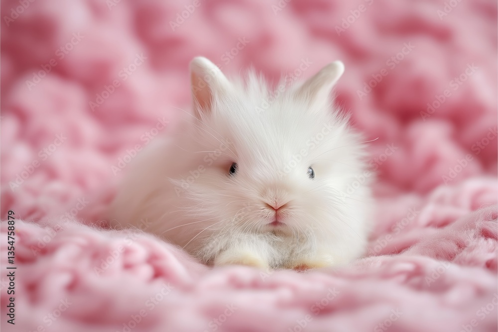 Fluffy white bunny resting on a soft pink blanket Fluffy white bunny resting on a soft pink blanket