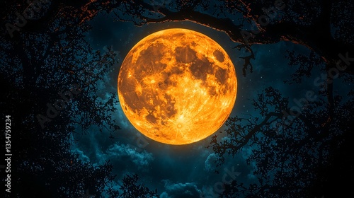 Full Moon Rising Over Dark Clouds and Silhouetted Trees in a Mystical Night Sky