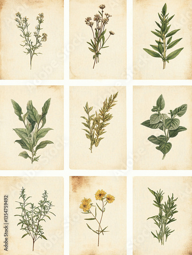 Botanical study: diverse collection of floral and herbal specimens on aged paper, vintage charm, nature's artistry, botanical illustrations.