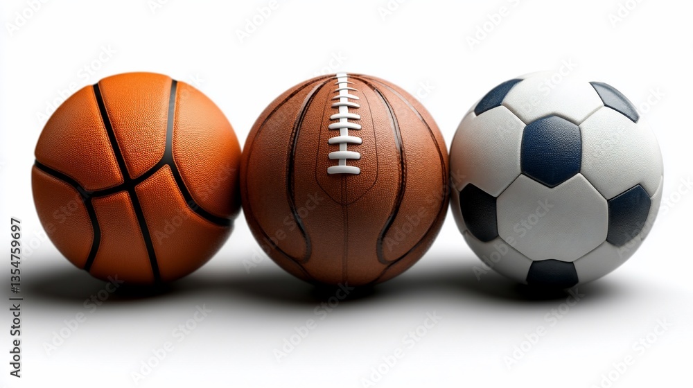 Array of three diverse sport balls lined up for a dynamic team concept Array of three diverse sport balls lined up for a dynamic team concept
