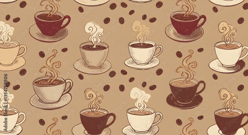 Hand-Drawn Coffee Cups Pattern on Beige Background Hand-Drawn Coffee Cups Pattern on Beige Background
