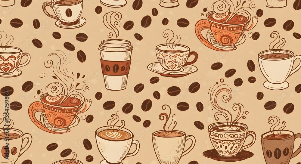 Delightful Coffee Cups and Coffee Beans Seamless Pattern Delightful Coffee Cups and Coffee Beans Seamless Pattern