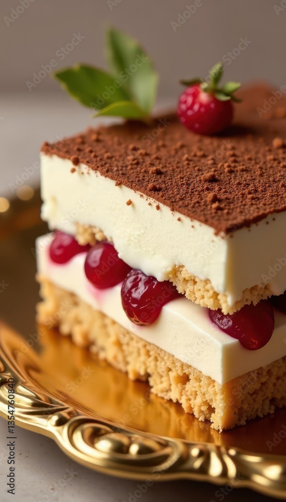 Close-up of tiramisu on ornate gold surface, highlighting texture , style, golden Close-up of tiramisu on ornate gold surface, highlighting texture , style, golden