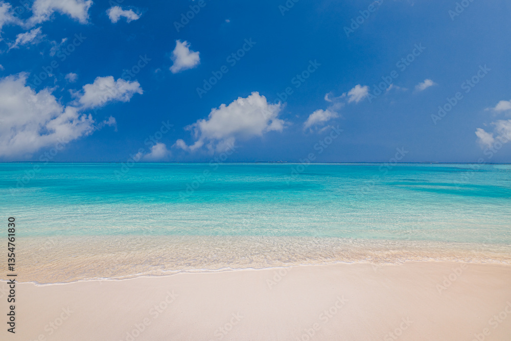 Obraz premium Pristine clear sea water bay. Pristine ocean lagoon sunny cloudy sky, idyllic relaxing seascape. Transparent surface, exotic travel. Tropic Mediterranean nature panorama. Summer background, beach view