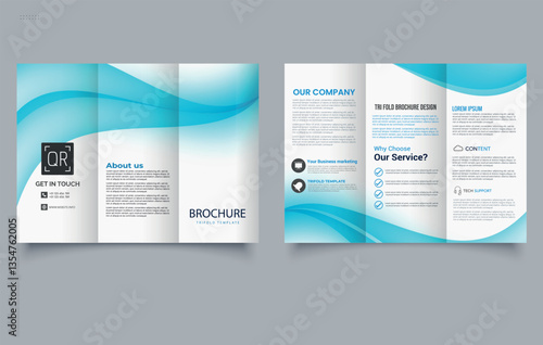 Modern Blue wave Trifold Brochure Template Design. Editable image.