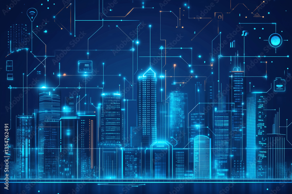Obraz premium futuristic city skyline illuminated with blue lights and digital technology elements, showcasing smart city concept with seamless connectivity and innovation