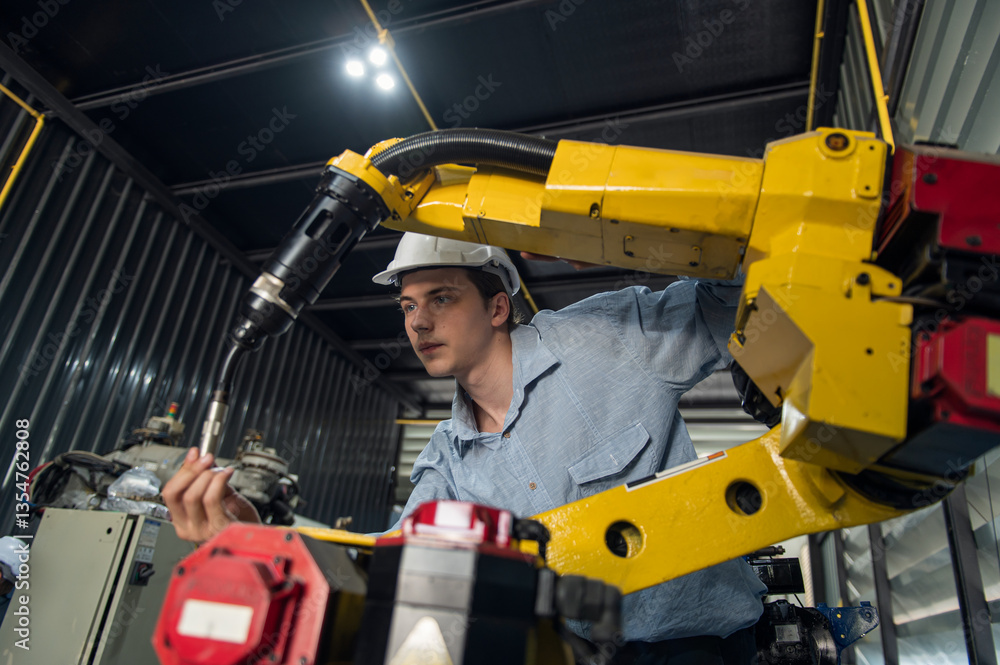Engineer standing by robotic arm and operating machine in industry factory, technician worker check for repair maintenance electronic operation Engineer standing by robotic arm and operating machine in industry factory, technician worker check for repair maintenance electronic operation