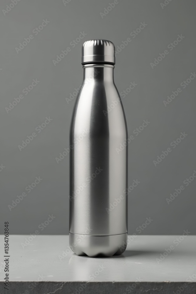 Eco-friendly stainless steel water bottle standing on grey concrete surface, hydration, concrete Eco-friendly stainless steel water bottle standing on grey concrete surface, hydration, concrete
