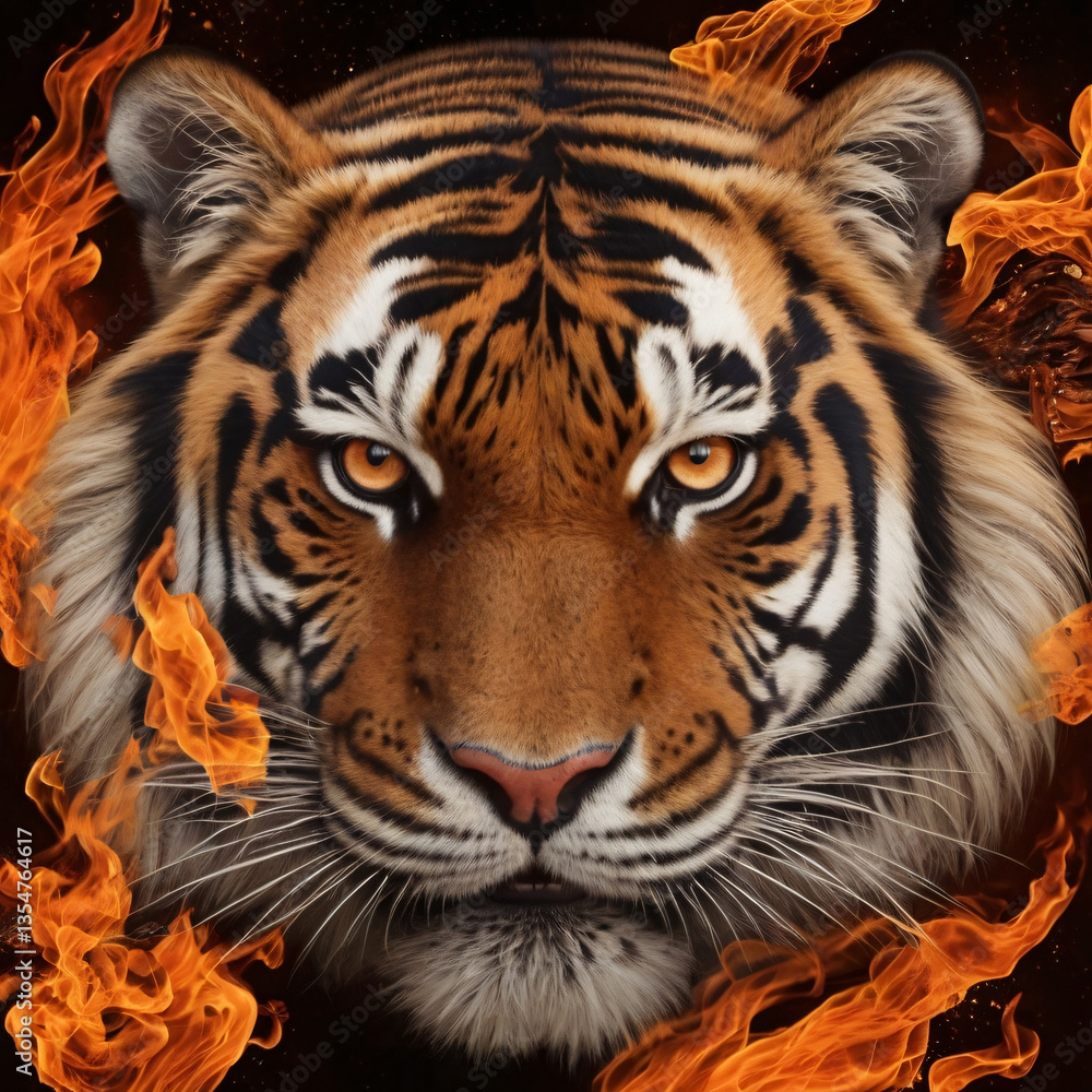 Fototapeta premium Majestic tiger emerging from blazing inferno on dark background.