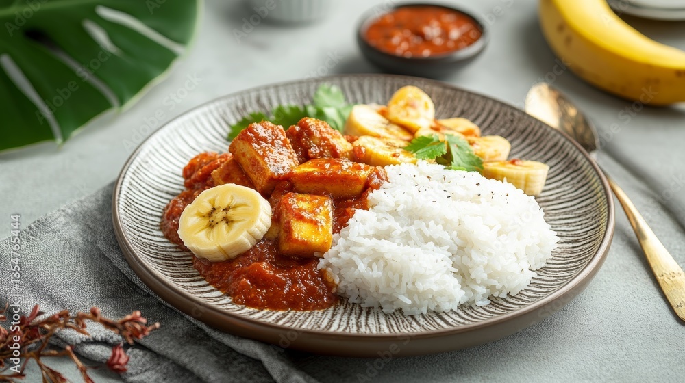 Exploring the flavors of Sri Lankan kiribath served with spicy sambal and banana in traditional presentation Exploring the flavors of Sri Lankan kiribath served with spicy sambal and banana in traditional presentation