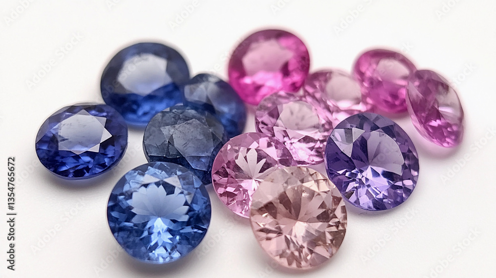 A collection of sparkling gemstones in various shades of blue and pink on a white background A collection of sparkling gemstones in various shades of blue and pink on a white background