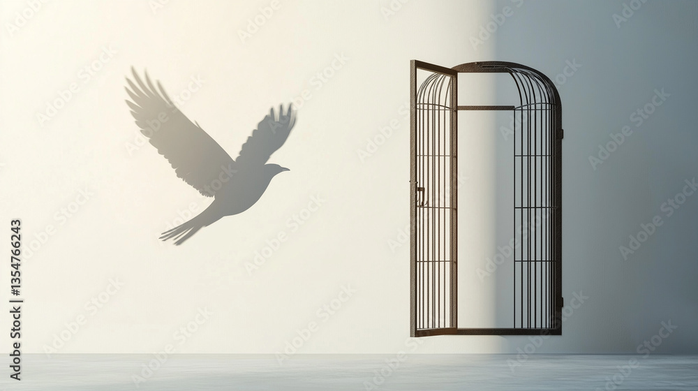 Fototapeta premium Freedom's Flight: A visual metaphor of liberation, with a bird's shadow soaring away from an open cage, conveying themes of escape and new beginnings.