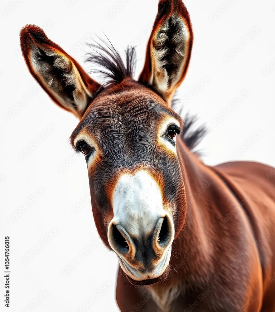 Fototapeta premium A charming donkey, elegantly posed against a pure white backdrop, elegant, photography