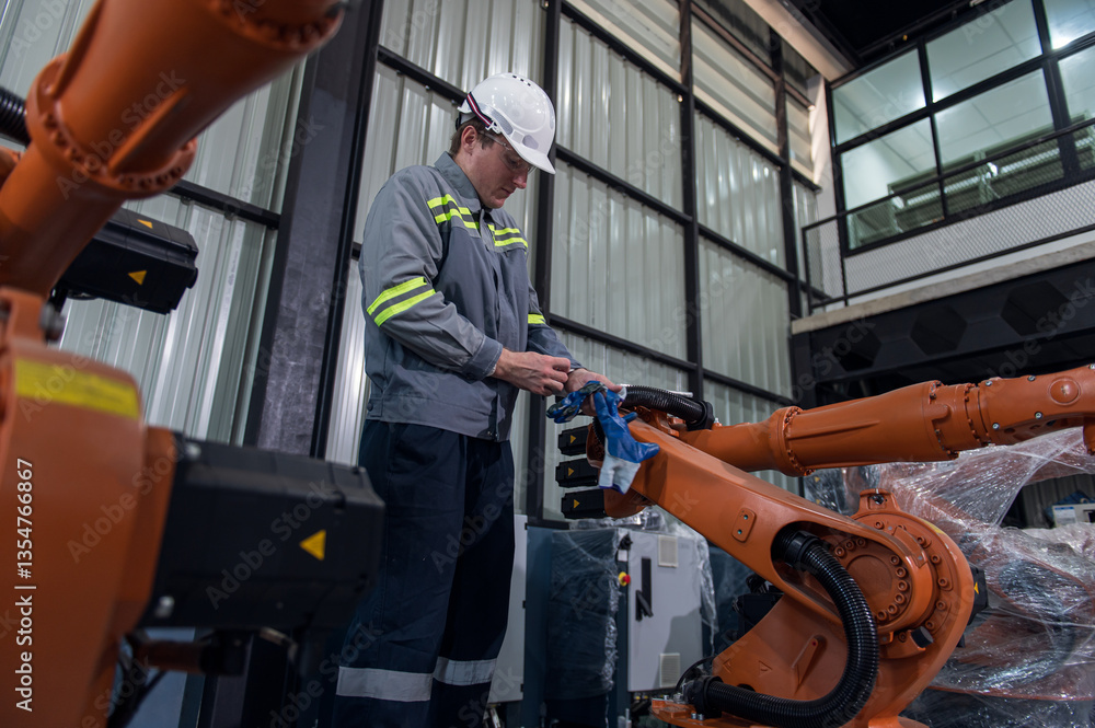 Engineer standing by robotic arm and operating machine in industry factory, technician worker check for repair maintenance electronic operation Engineer standing by robotic arm and operating machine in industry factory, technician worker check for repair maintenance electronic operation