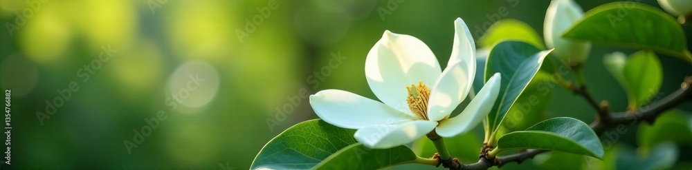 Fototapeta premium Elegant white magnolia blossoms contrasting with green leaves in a garden setting, elegant, flowers, leaves