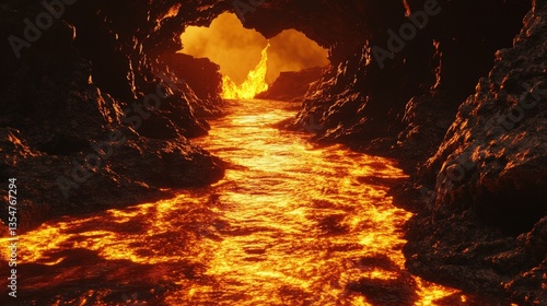 A river of molten lava flowing through a vast cavern.