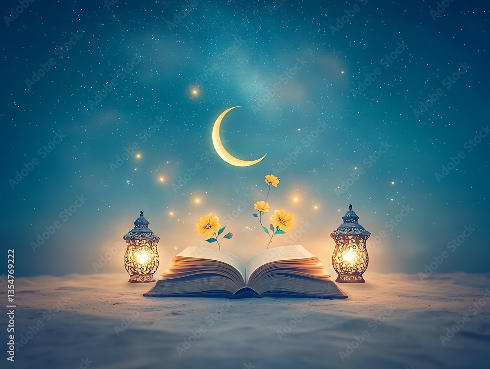 Naklejka premium Open book with night, and crescent moon.