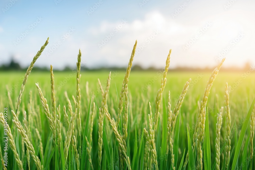 Fototapeta premium Rice ears swaying gently in sunlight against a green field 