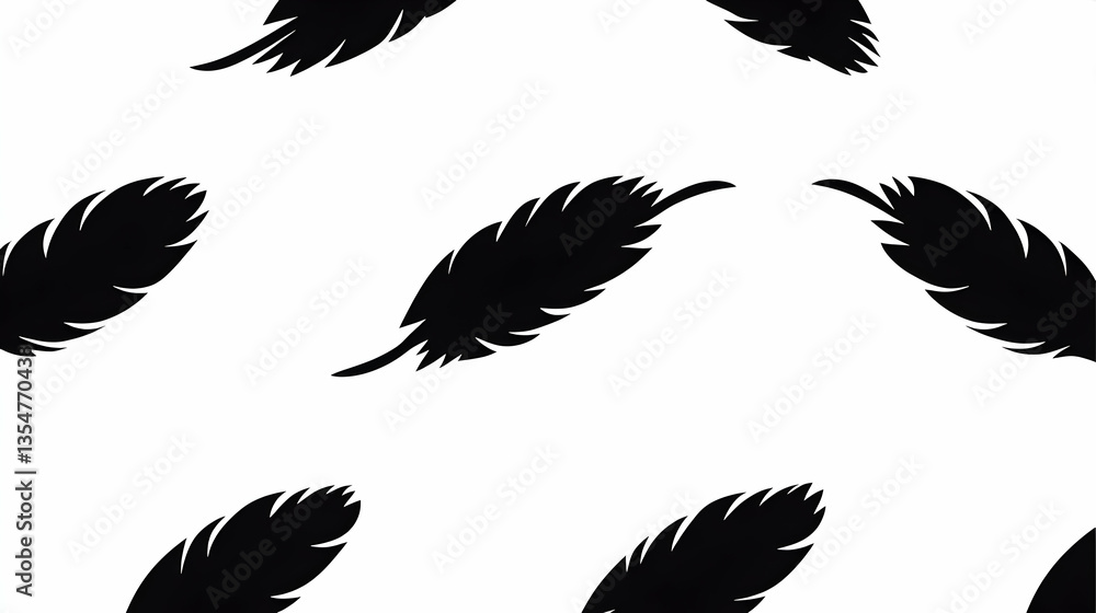 Fototapeta premium Seamless pattern of black feather silhouettes on a white background. Ideal for textile design, wallpaper, or web design projects.
