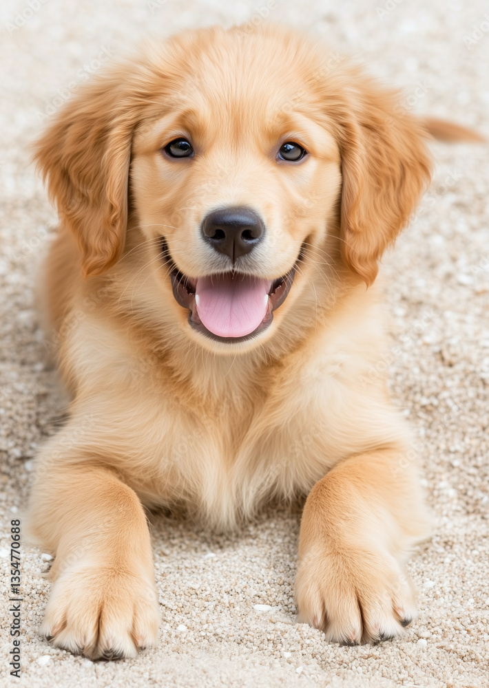 Cheerful golden retriever puppy lying on the beach. Cheerful golden retriever puppy lying on the beach.