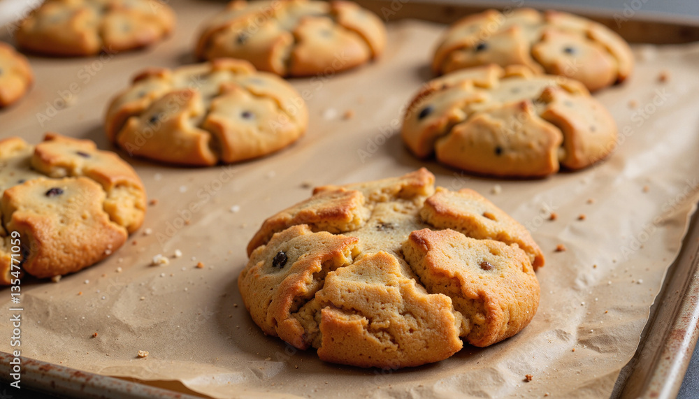 Freshly baked cookies on a sheet, culinary delight Freshly baked cookies on a sheet, culinary delight