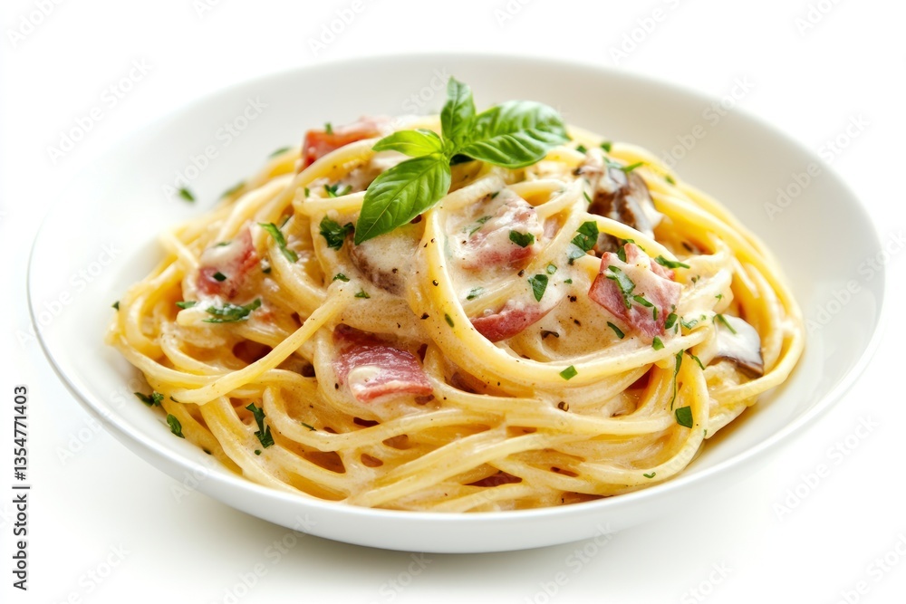 Spaghetti Carbonara with Creamy Sauce and Bacon in White Bowl Spaghetti Carbonara with Creamy Sauce and Bacon in White Bowl