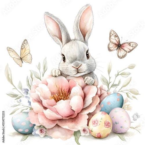Pastel Watercolor Bunny Peeking from Flower with Easter Eggs and Butterflies