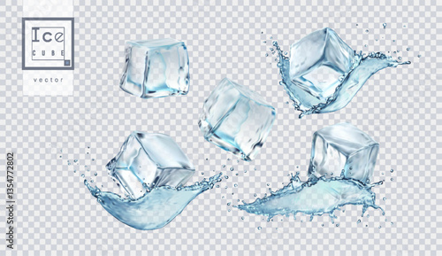 Ice cube 3D. Splash water. Transparent liquid with isolated frosty drop. Realistic cool drink. Clear frost in a fresh stream. Freeze with fluid drip. Icon vector winter. Wave flow