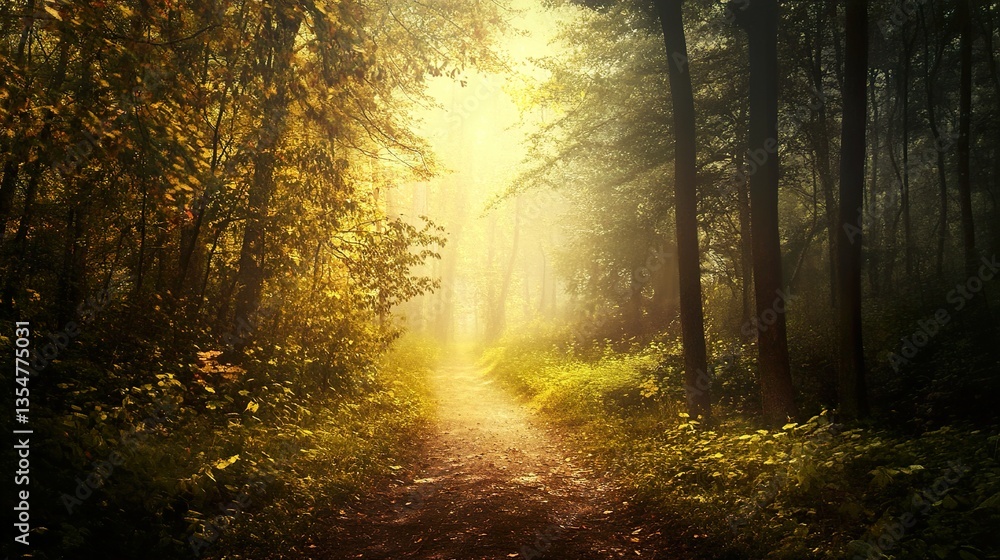 Obraz premium Sunlit Path in a Misty Forest: A Magical Journey