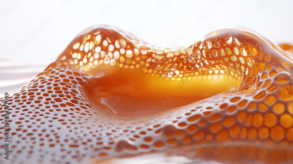 Fototapeta premium A swirl of molten amber resin spreading across a smooth surface, semi-transparent, with intricate honeycomb-like formations appearing in select areas