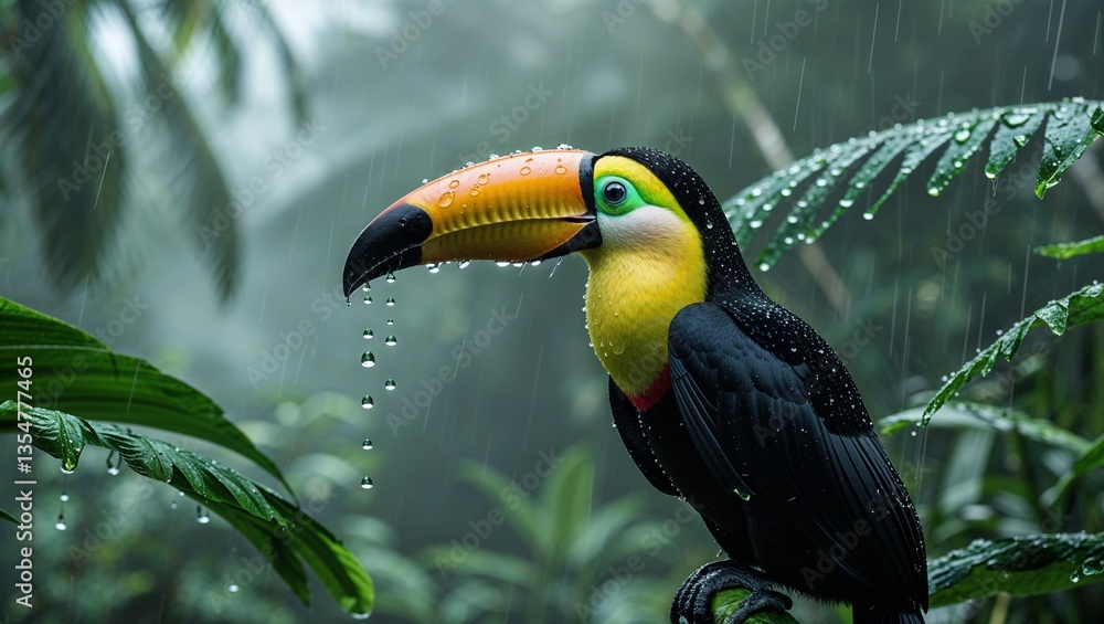 Naklejka premium Toucan with Raindrops on Its Feathers, Misty Tropical Jungle, Soft Diffused Lighting